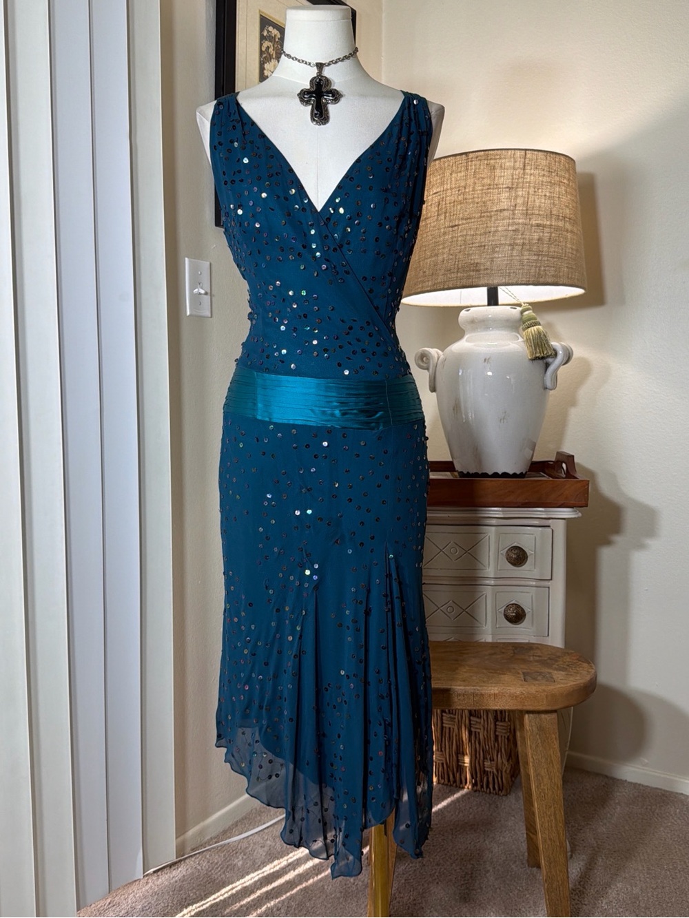 Bebe Teal V-Neck Silk Asymmetrical Sequin Evening Dress